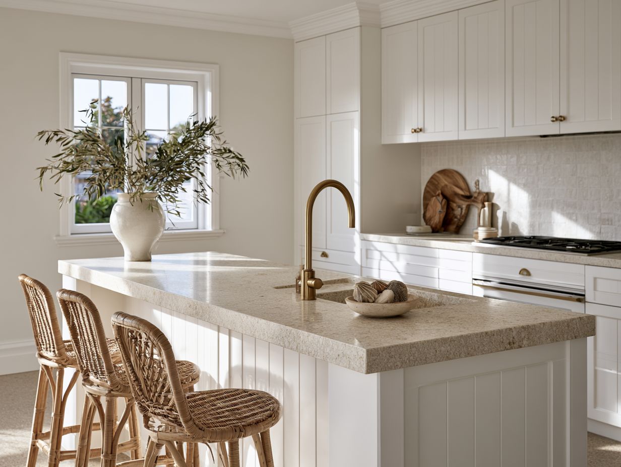 A spotless white kitchen with brass tapware and an olive branch in a ceramic vase